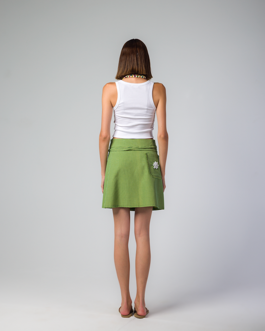 GREEN CHECKS MINI WRAP SKIRT