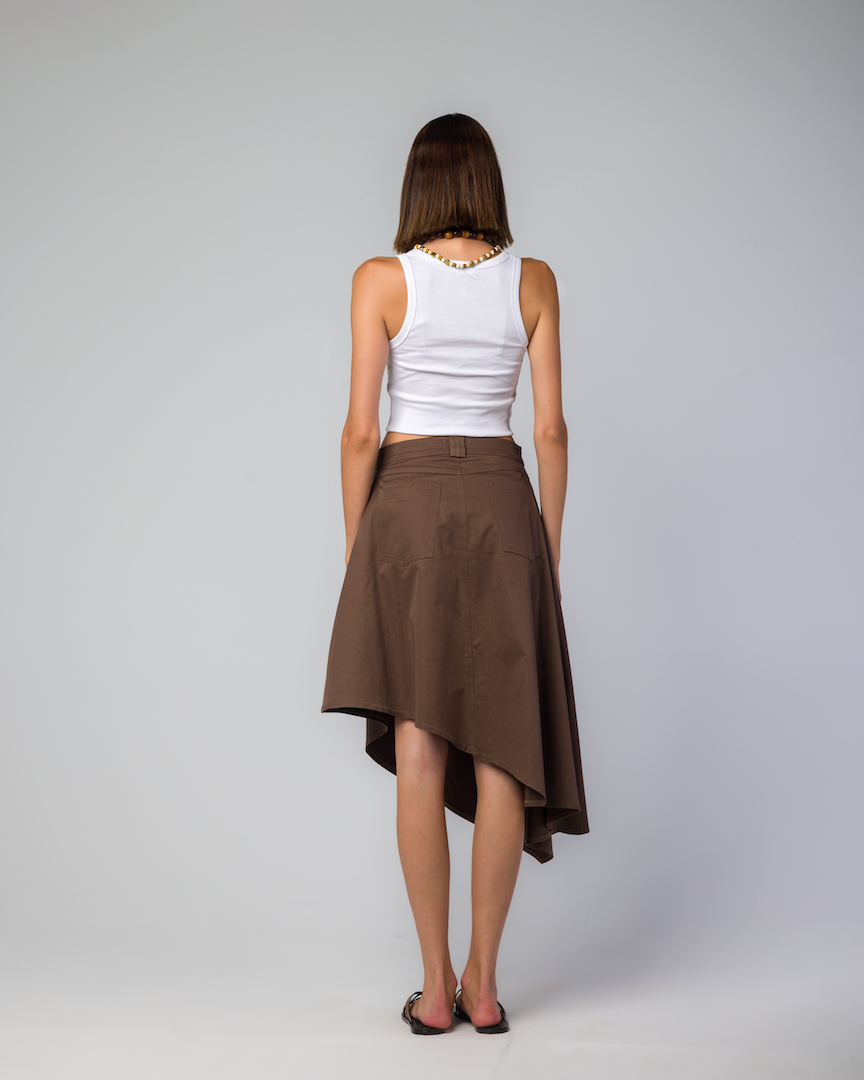 BROWN GABARDINE ASYMMETRIC SKIRT