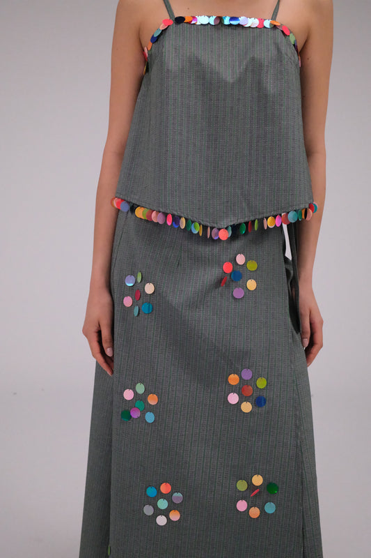 THE GREEN STRIPED WRAP SKIRT WITH COINS