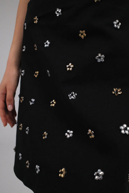 THE BLACK GABARDINE ALINE MINI SKIRT WITH FLOWER CRYSTALS