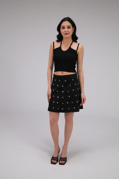 THE BLACK GABARDINE ALINE MINI SKIRT WITH FLOWER CRYSTALS