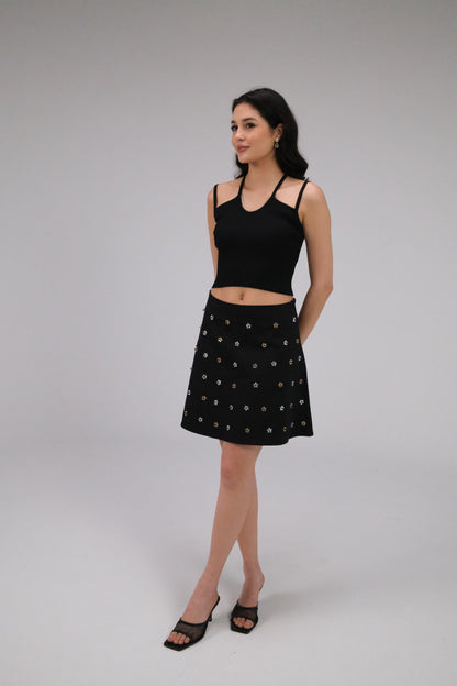 THE BLACK GABARDINE ALINE MINI SKIRT WITH FLOWER CRYSTALS
