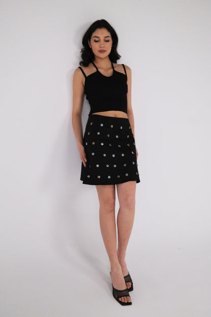 THE BLACK GABARDINE ALINE MINI SKIRT WITH FLOWER CRYSTALS