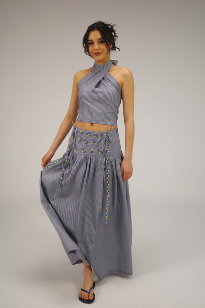 THE DARK BLUE GINGHAM MAXI SKIRT