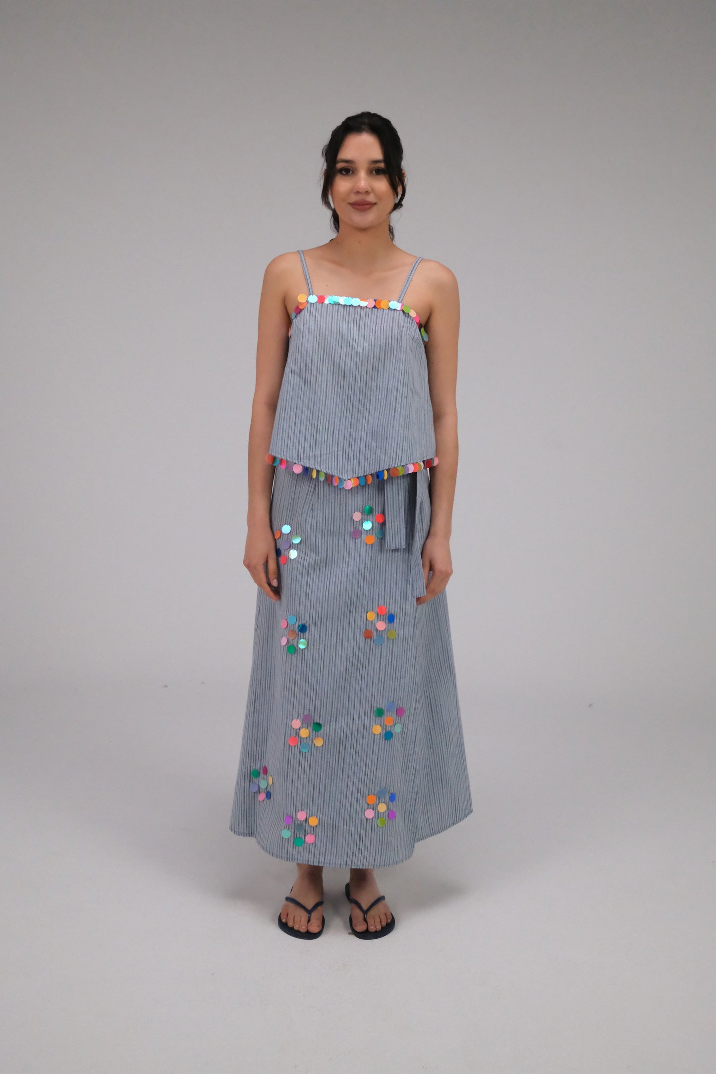 THE BLUE WRAP SKIRT WITH COINS