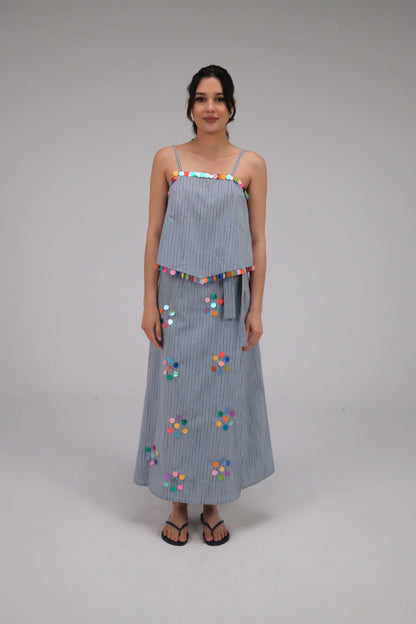 THE BLUE WRAP SKIRT WITH COINS