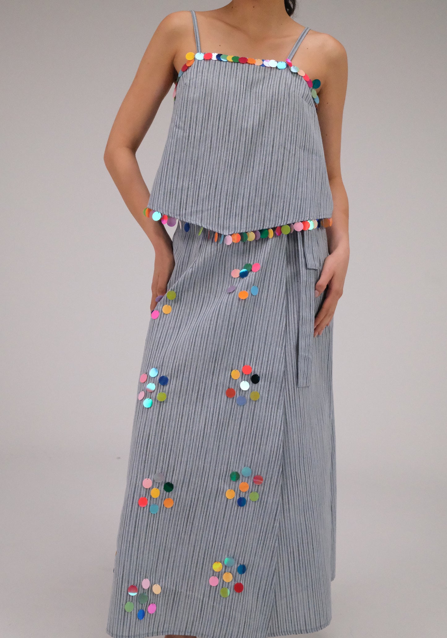 THE BLUE WRAP SKIRT WITH COINS
