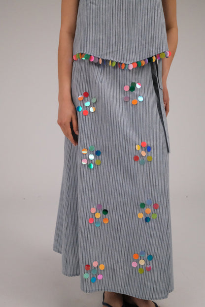 THE BLUE WRAP SKIRT WITH COINS