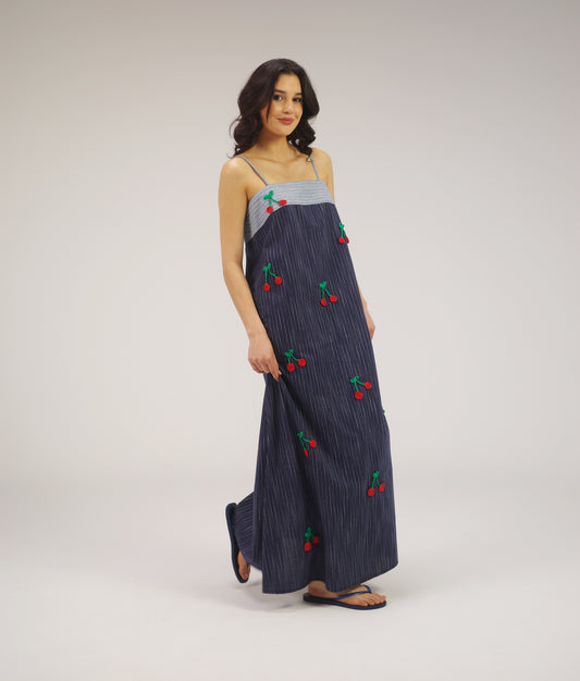 THE MAXI CHERRIES DRESS IN BLUE