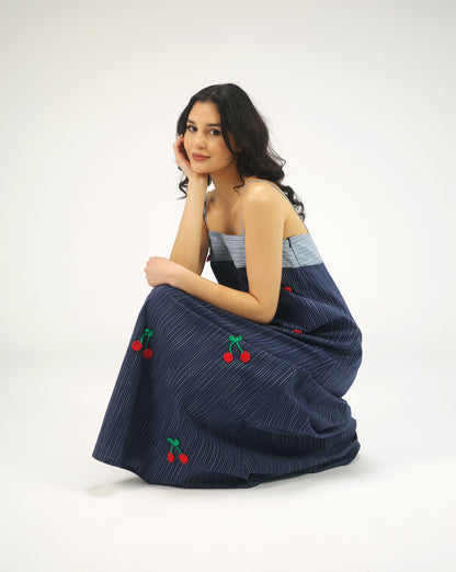 THE MAXI CHERRIES DRESS IN BLUE