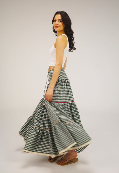THE ZIGZAG GINGHAM MAXI SKIRT IN GREEN