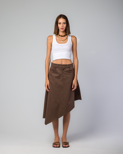 BROWN GABARDINE ASYMMETRIC SKIRT