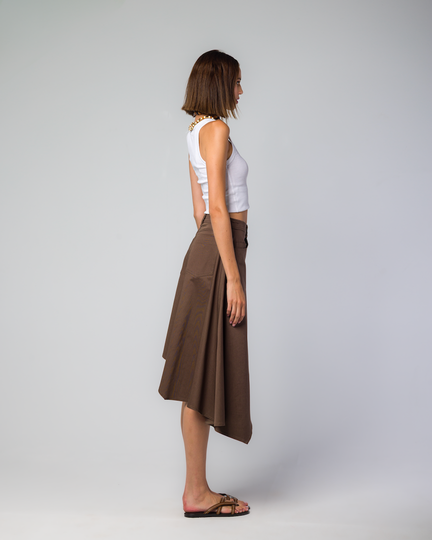 BROWN GABARDINE ASYMMETRIC SKIRT