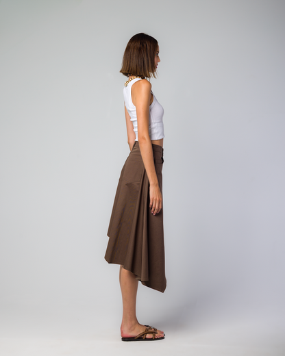 BROWN GABARDINE ASYMMETRIC SKIRT
