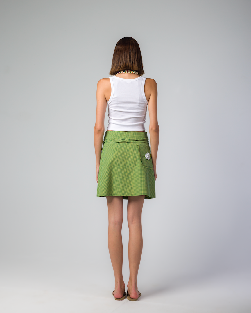 GREEN CHECKS MINI WRAP SKIRT